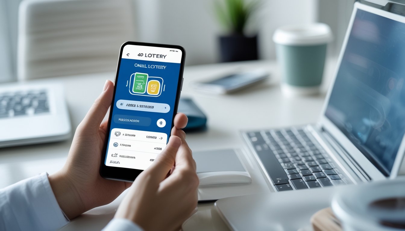 Seorang pengguna sedang menggunakan ponsel pintar dengan aplikasi e-wallet di meja kerja dengan laptop dan kopi.