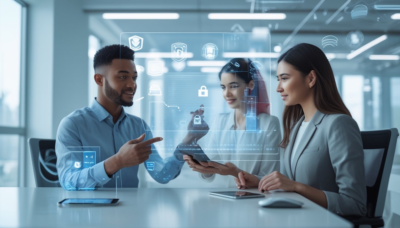 Dua orang muda sedang menggunakan layar sentuh digital untuk mendaftar akun togel 4D dengan e-wallet, di ruang kantor yang terang dan modern.