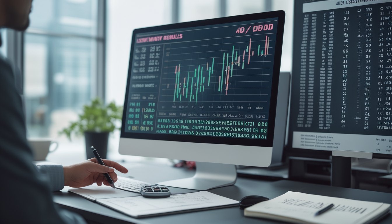 Seorang profesional sedang menganalisis data angka togel 4D di depan komputer di ruang kerja modern.