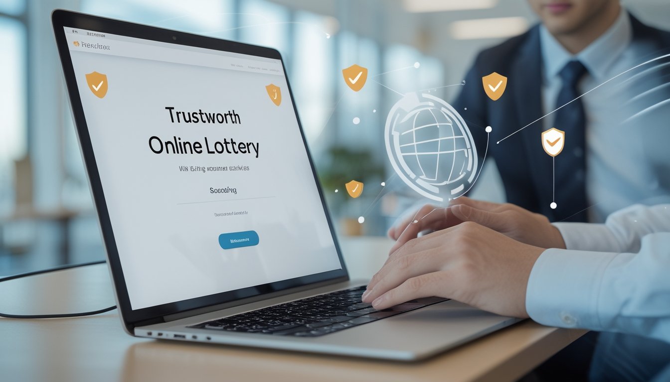 Seorang profesional menggunakan komputer di kantor yang terang, dengan simbol keamanan seperti gembok dan centang di sekitar layar, menggambarkan situs togel online yang terpercaya.
