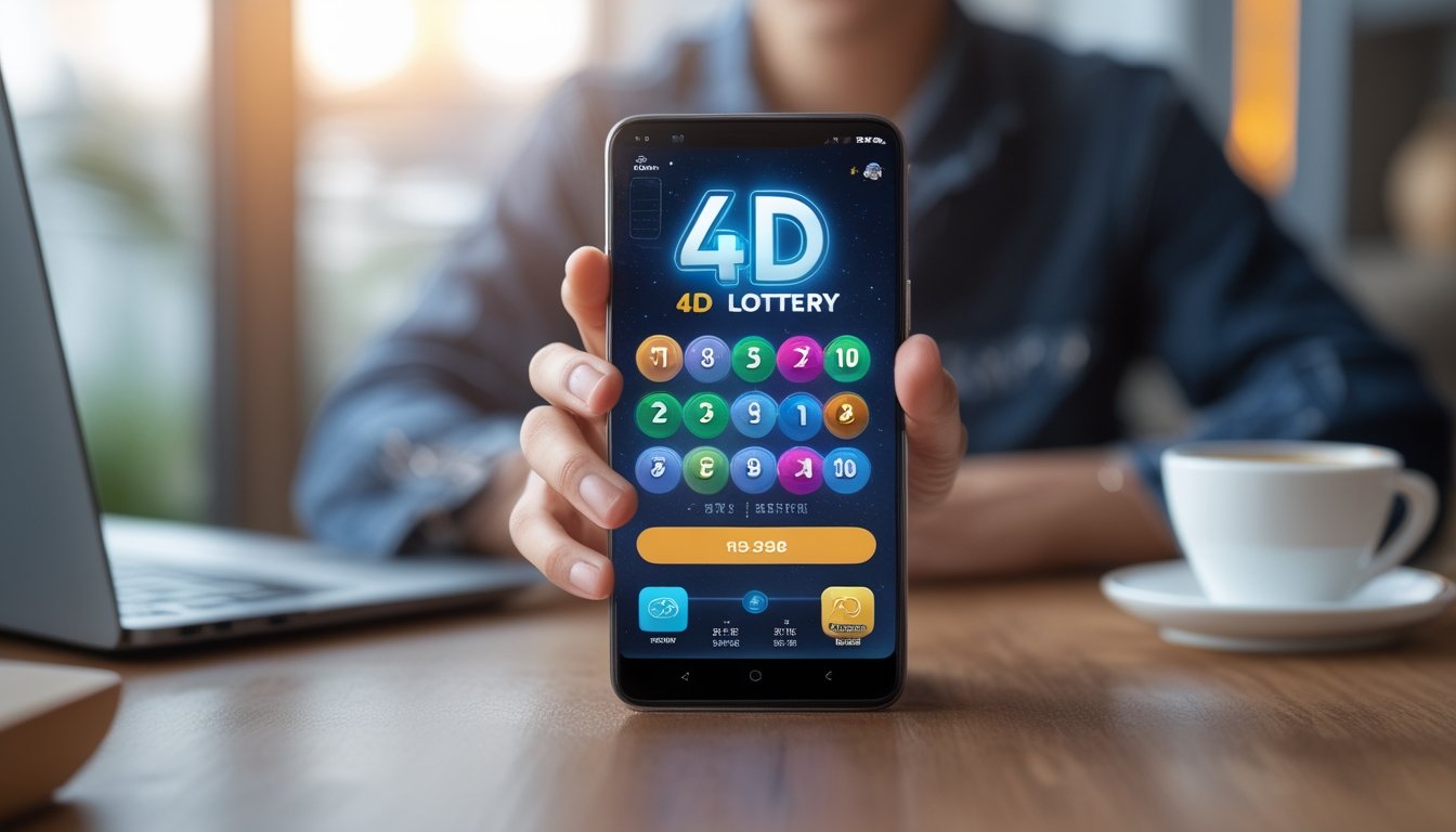 Seseorang memegang ponsel dengan aplikasi togel 4D terbuka di layar dalam suasana ruangan yang nyaman.