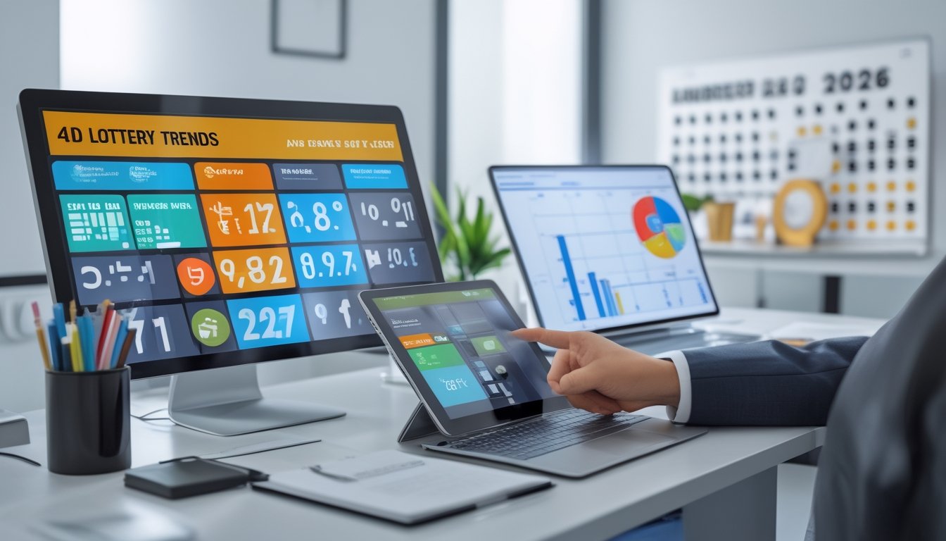 Seorang profesional sedang menganalisis data angka togel 4D tahun 2026 di ruang kantor dengan perangkat digital dan grafik di layar.