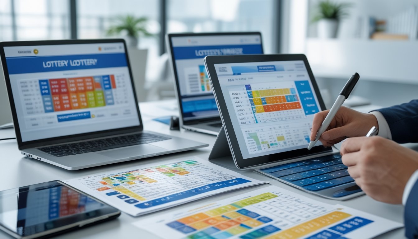 Seorang profesional sedang menganalisis data angka togel 4D tahun 2026 di ruang kerja dengan laptop, tablet, dan lembar data.