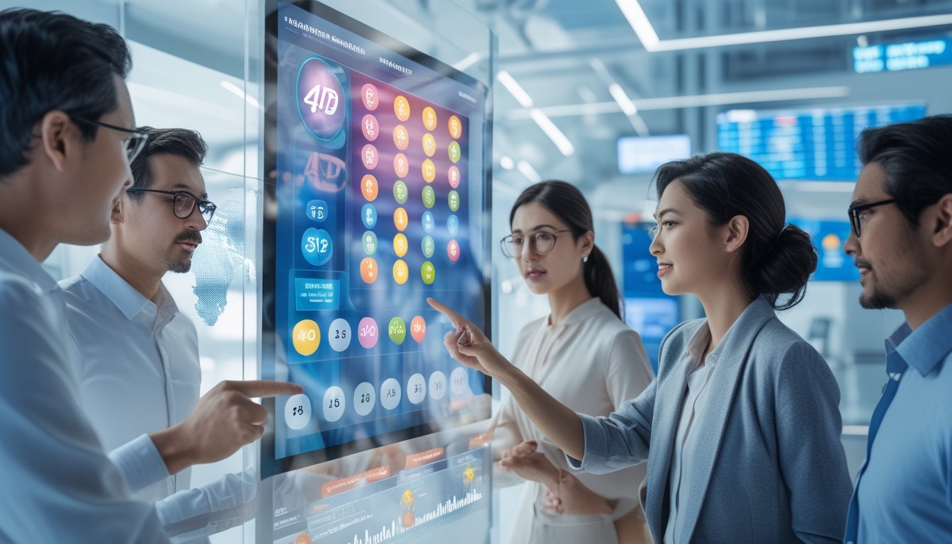 Orang-orang sedang menggunakan layar sentuh digital untuk bermain togel 4D di lingkungan kantor modern.