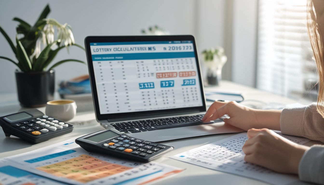 Seseorang sedang duduk di meja kerja dengan kalkulator, laptop, dan lembar data angka, fokus menghitung rumus togel 4D, 3D, dan 2D.
