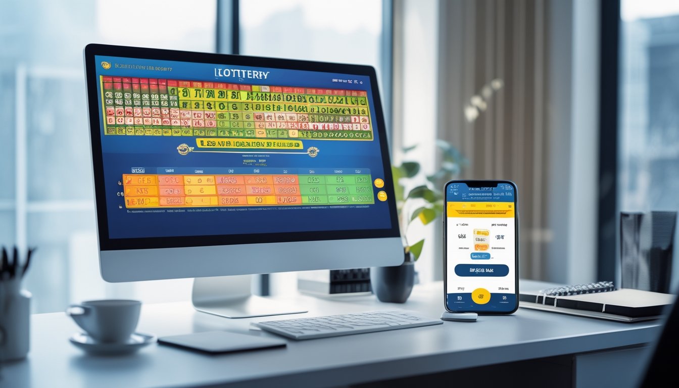 Meja kerja modern dengan komputer dan ponsel yang menampilkan antarmuka permainan togel online, dalam suasana yang terang dan profesional.