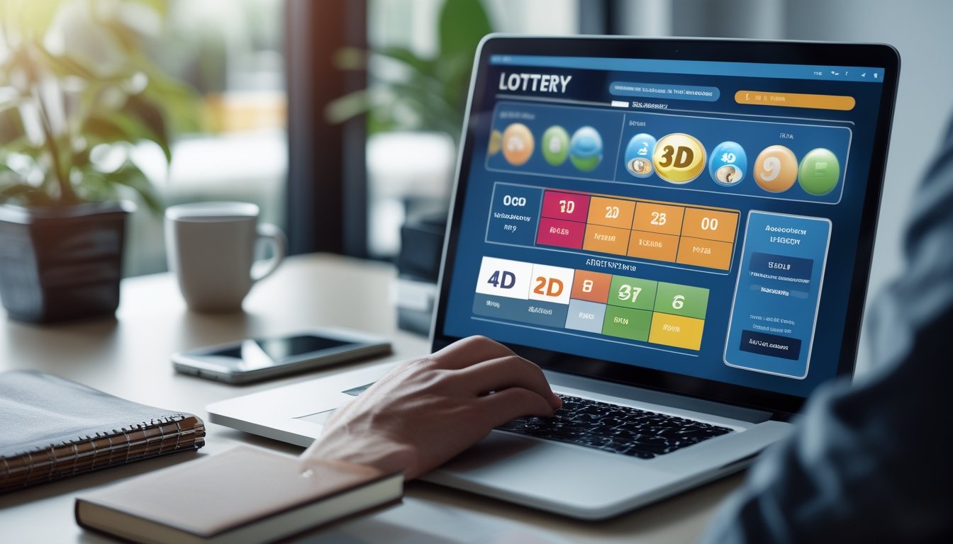 Seorang pengguna sedang menggunakan laptop di meja kerja dengan tampilan situs togel online yang menampilkan berbagai opsi dan diskon.
