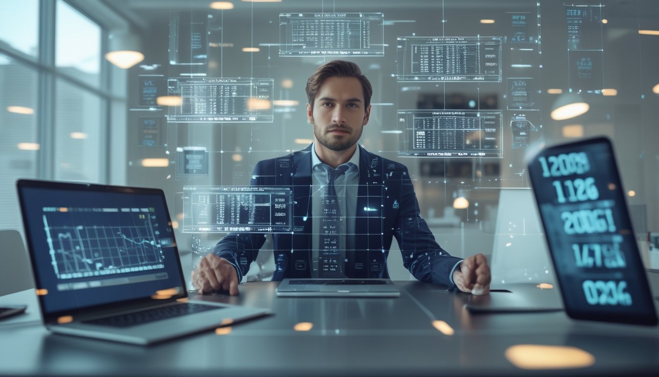 Seorang profesional sedang menganalisis data pada layar digital di kantor modern dengan grafik dan angka lotere di latar belakang.