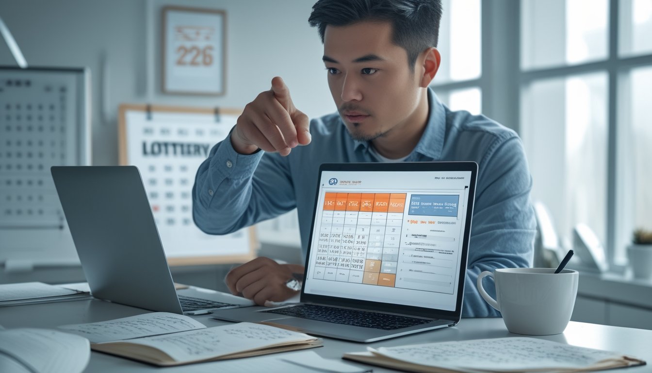 Seseorang sedang menganalisis strategi bermain togel di sebuah kantor modern dengan laptop, catatan, dan secangkir kopi.