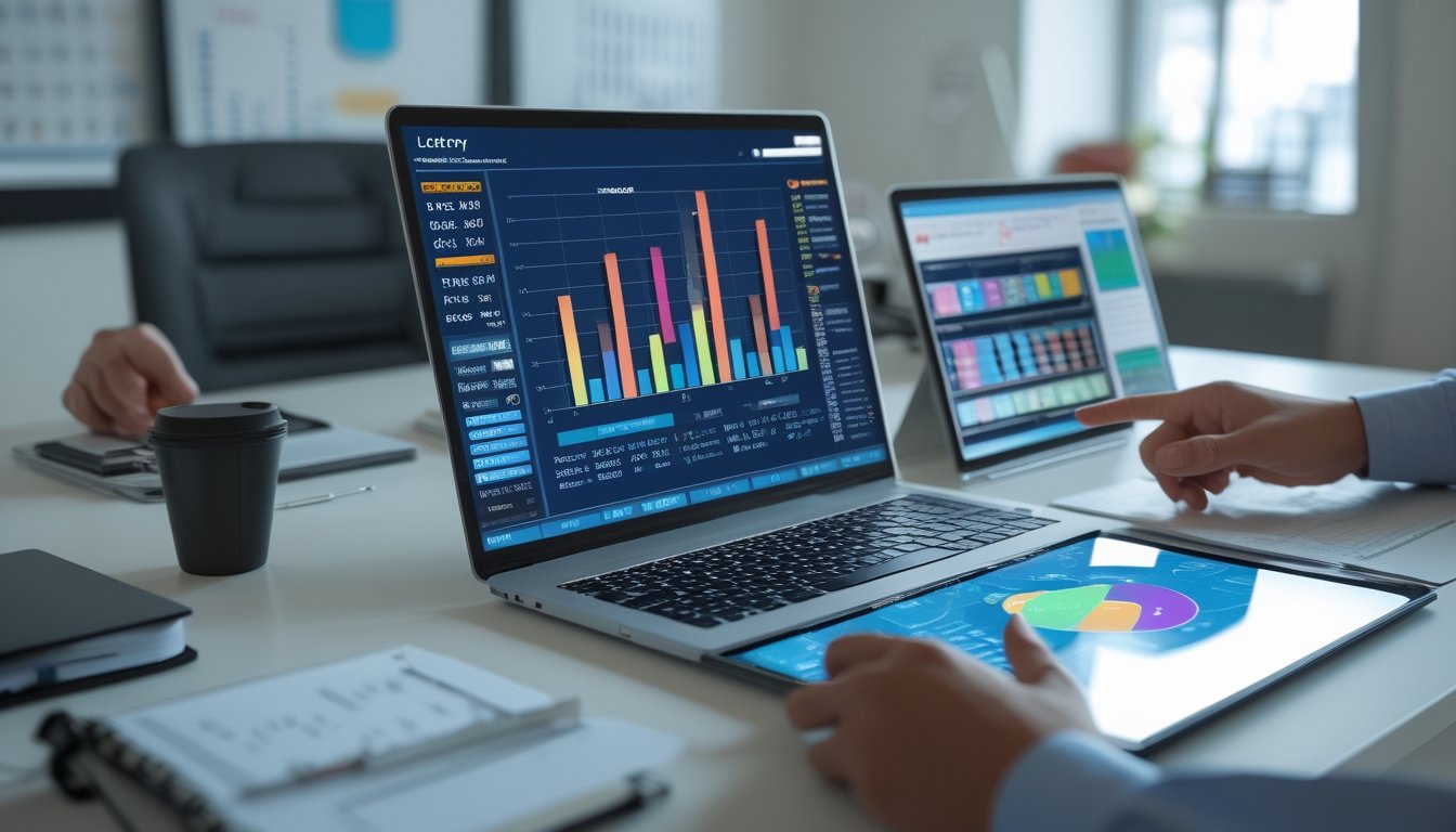 Seseorang sedang menganalisis data angka togel di meja kerja dengan laptop dan tablet dalam ruangan kantor yang terang.