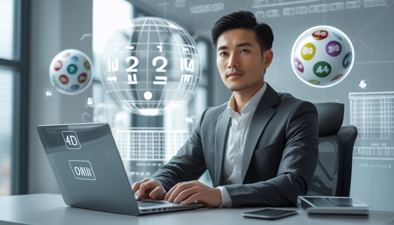 Seorang pria profesional duduk di meja kerja dengan perangkat digital menampilkan angka lotere dan sistem pembayaran.