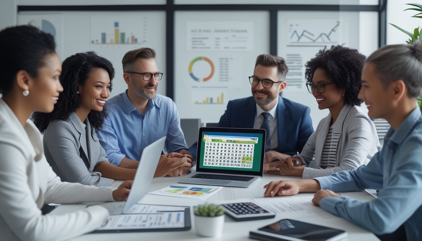 Sekelompok orang dewasa sedang berdiskusi di kantor modern dengan perangkat digital yang menampilkan angka lotre dan dokumen keuangan.