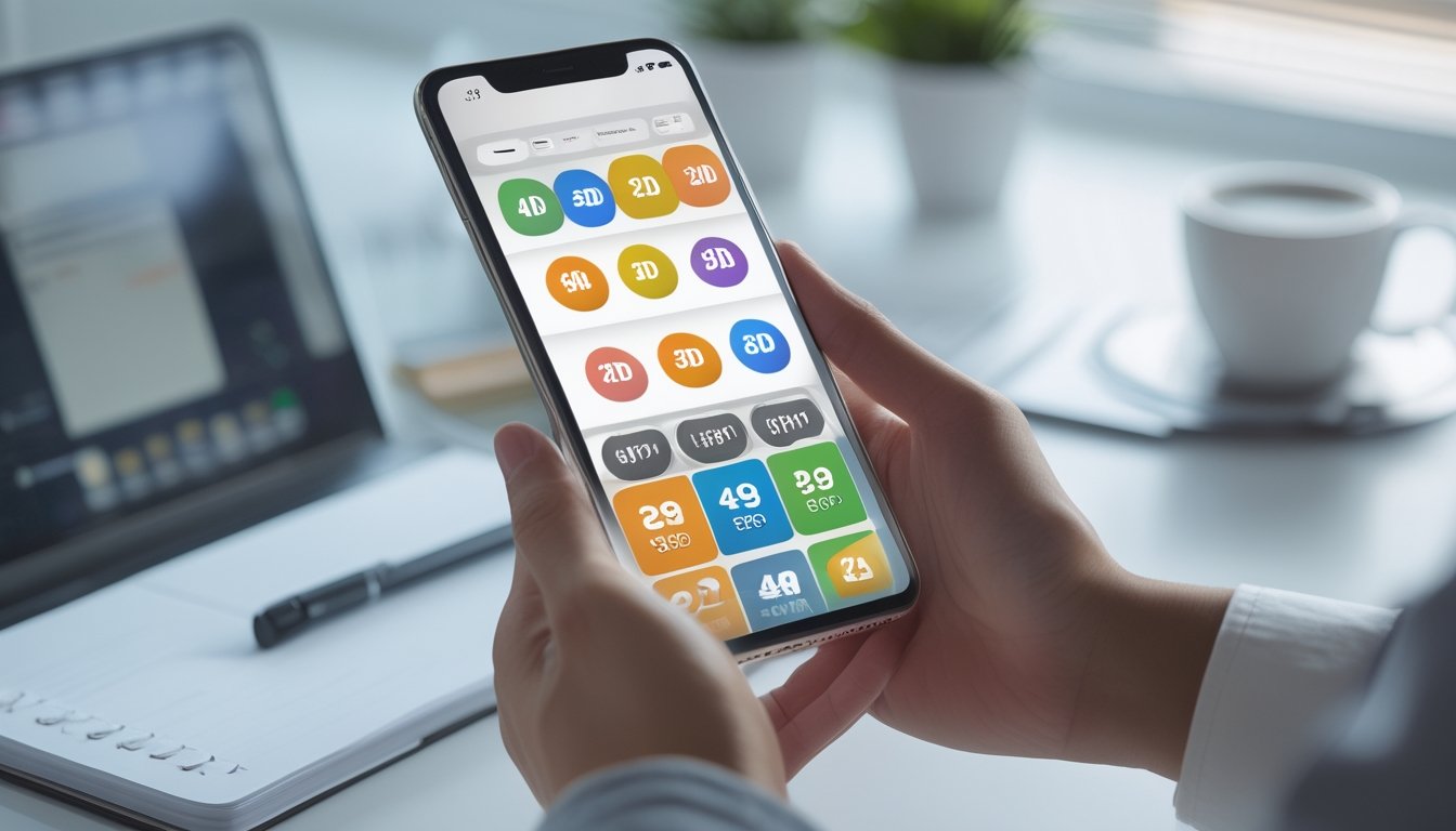 Tangan memegang smartphone yang menampilkan aplikasi togel dengan antarmuka angka dan ikon warna-warni, di latar belakang meja kerja dengan alat tulis dan cangkir kopi.