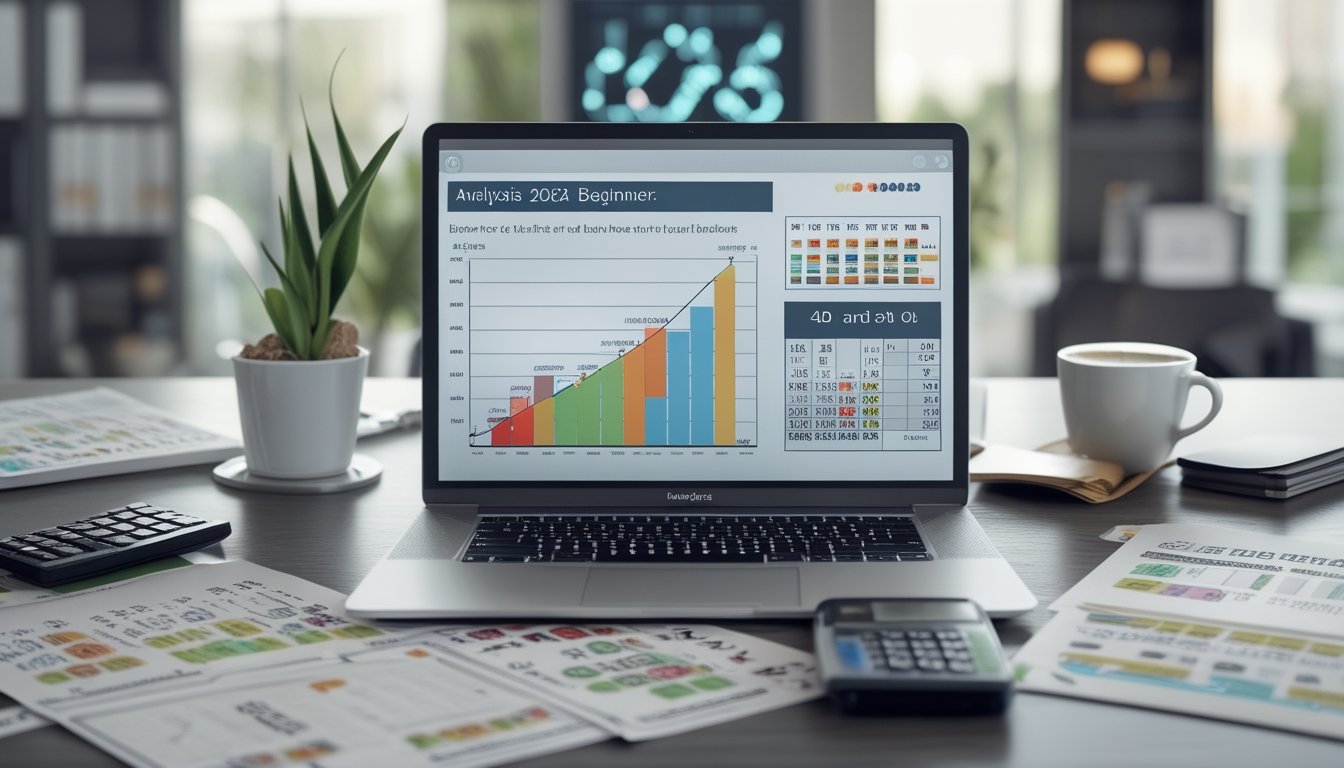 Sebuah meja kerja modern dengan laptop yang menampilkan grafik pola angka togel dan alat tulis di sekitarnya.