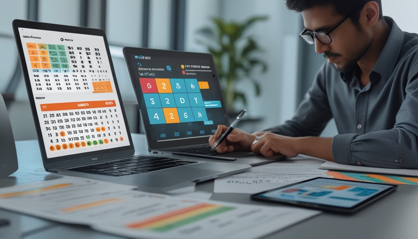 Seorang pria duduk di meja kerja dengan perangkat digital dan catatan, menganalisis pola angka togel di ruang kantor yang terang.
