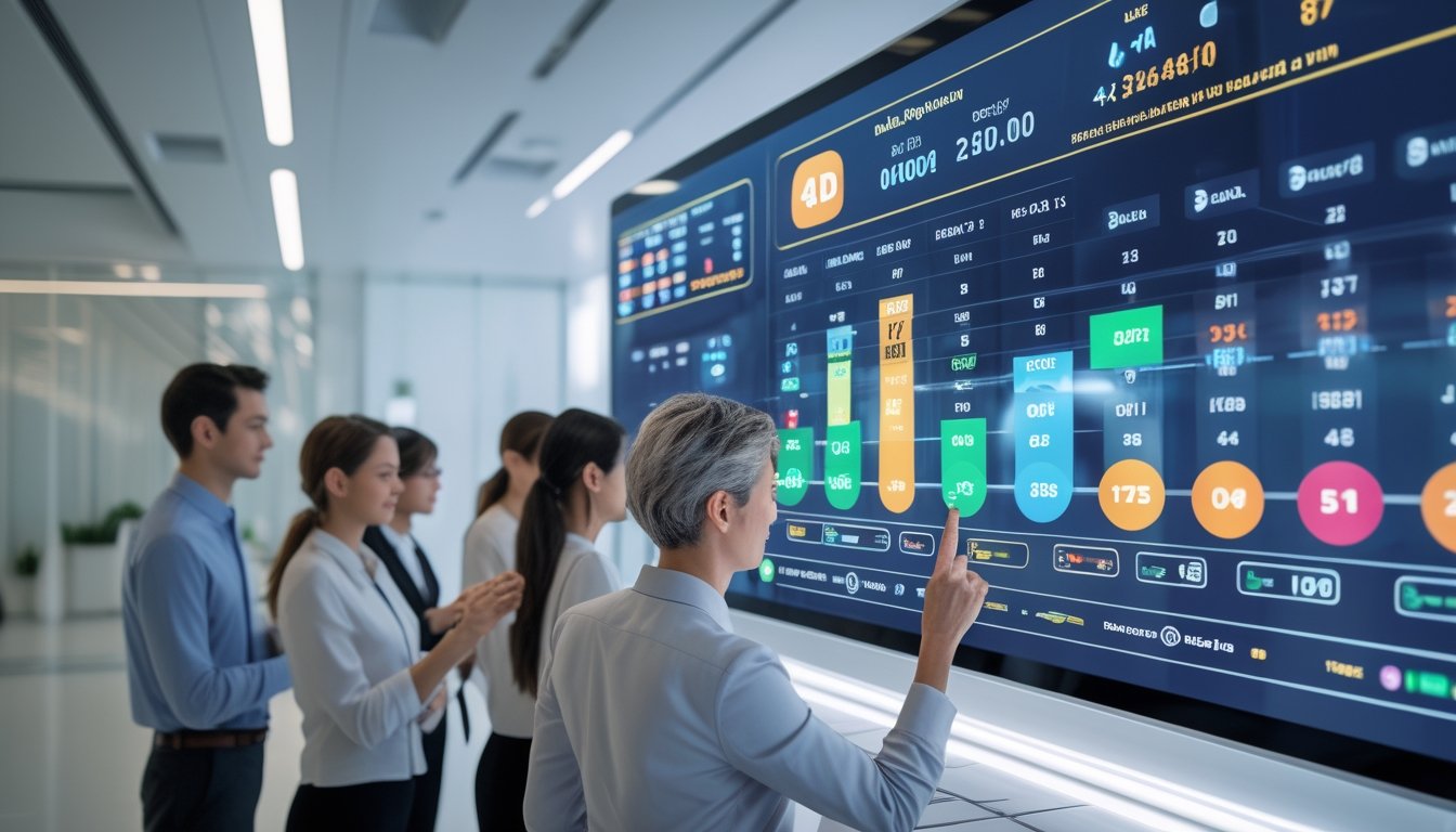 Orang-orang sedang menggunakan layar sentuh besar untuk melihat hasil undian lotere secara langsung di sebuah kantor modern.