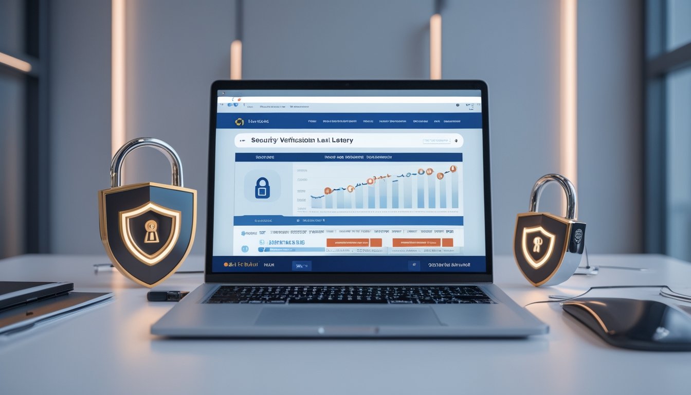 Seorang profesional menggunakan laptop yang menampilkan antarmuka situs web aman dengan ikon keamanan dan grafik waktu nyata untuk undian langsung pada permainan togel.