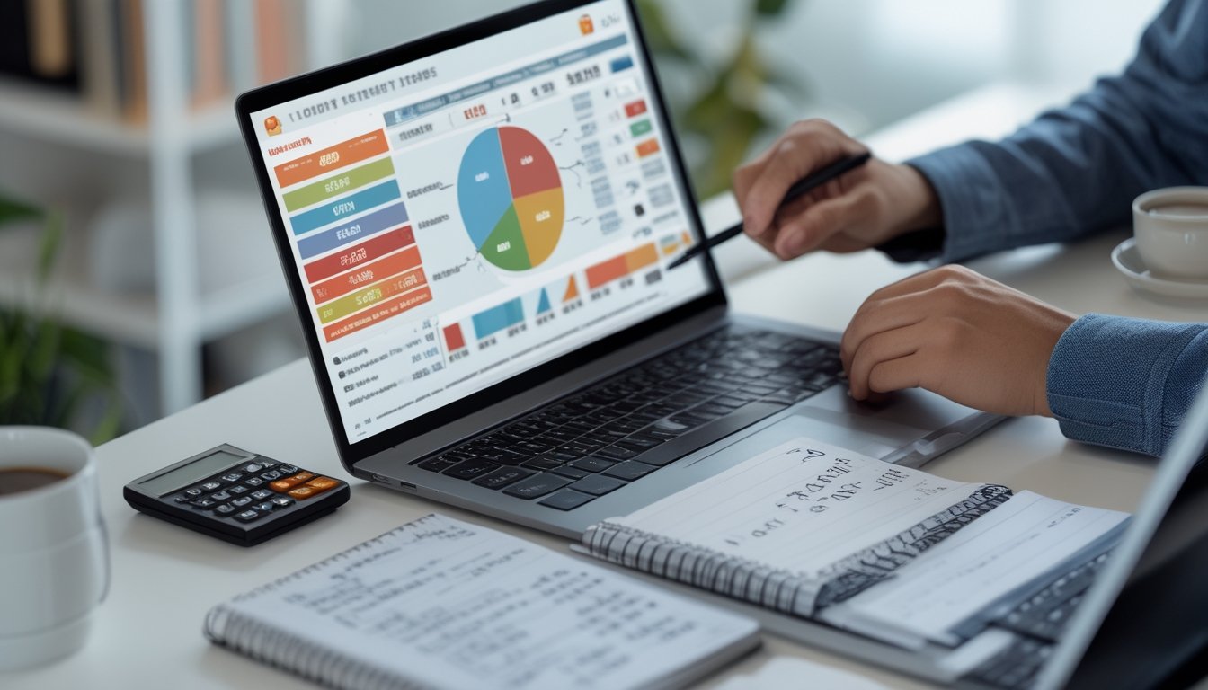 Meja kerja dengan laptop, kalkulator, dan catatan, seseorang sedang menganalisis data taruhan togel untuk mendapatkan keuntungan.