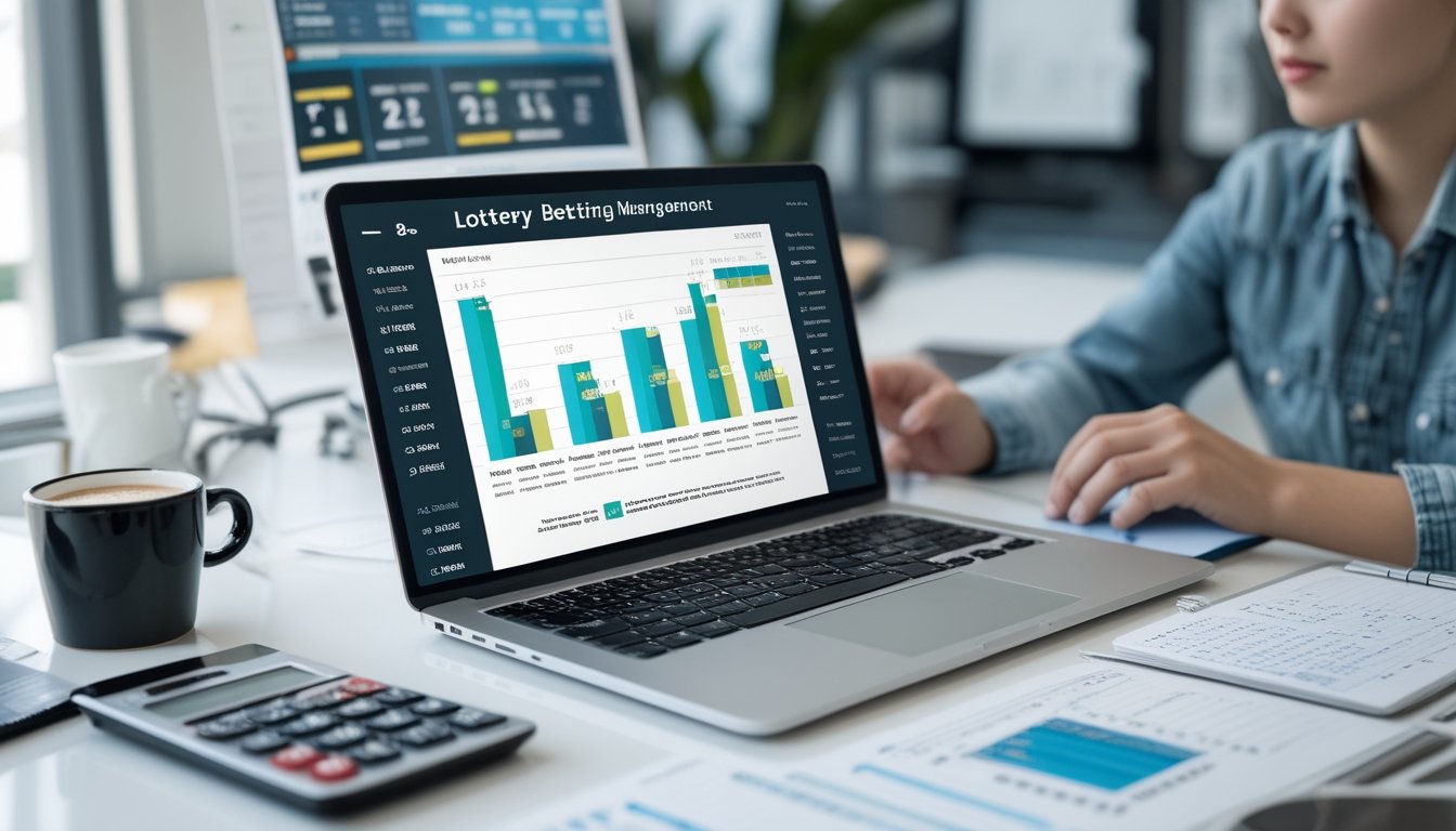 Orang sedang menganalisis data taruhan togel di meja kerja dengan laptop dan alat tulis.
