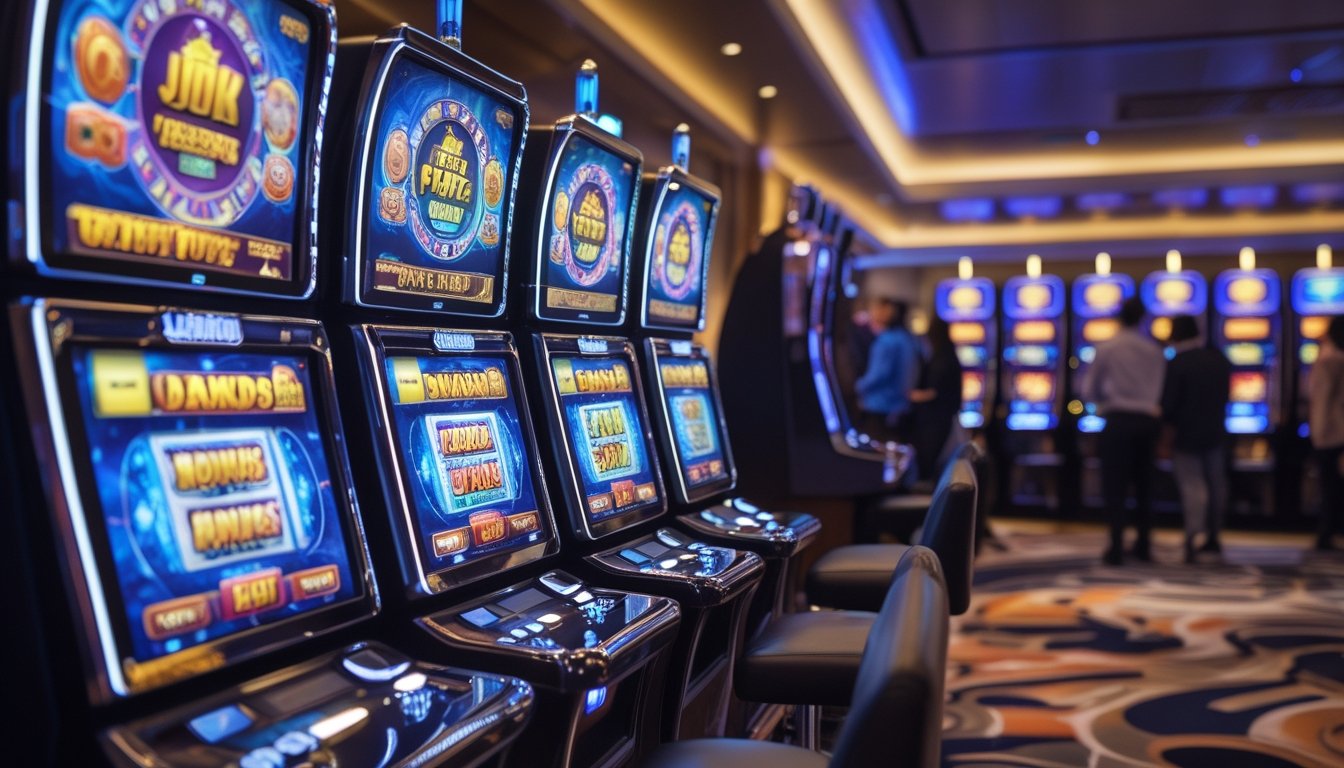 Suasana kasino modern dengan mesin slot yang menyala dan orang-orang bermain di sekitarnya.