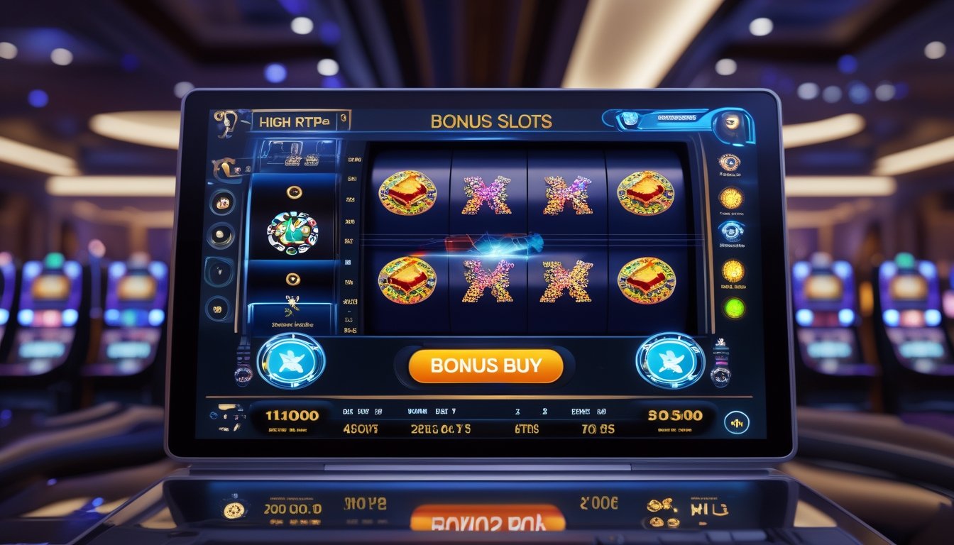 Mesin slot modern dengan tombol bonus buy yang menyala dan grafik RTP serta volatilitas tinggi di latar belakang kasino.