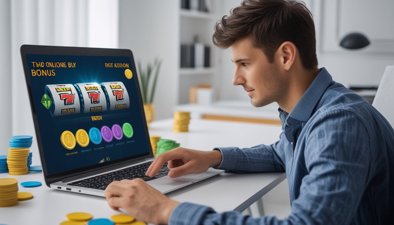 Seorang pria muda duduk di meja modern sambil fokus menggunakan laptop dengan permainan slot online di layar, di sekitarnya terdapat chip dan koin permainan.