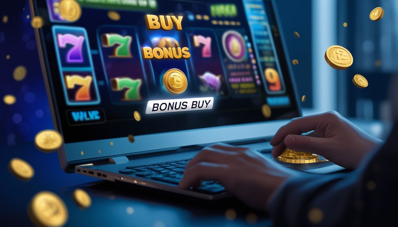 Seseorang menggunakan komputer dengan layar menampilkan permainan slot online dan fitur Bonus Buy yang siap diaktifkan.