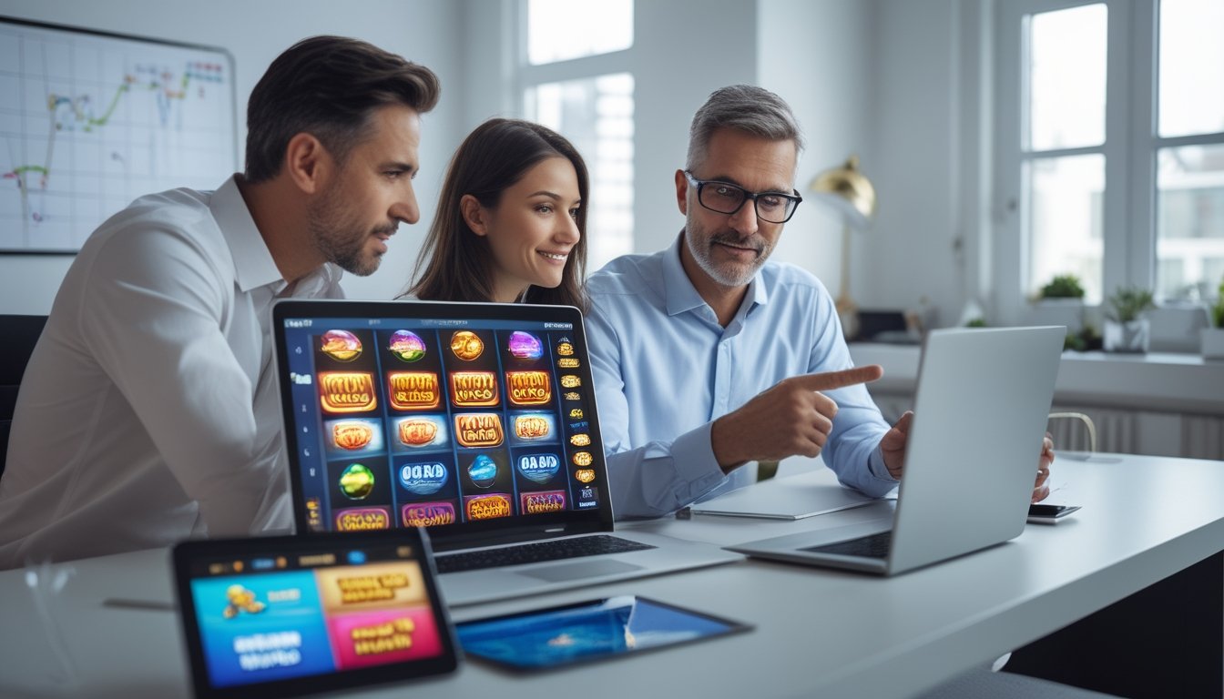 Dua orang dewasa sedang duduk di meja dengan laptop dan tablet yang menampilkan permainan slot, tampak fokus berdiskusi dan merencanakan strategi.