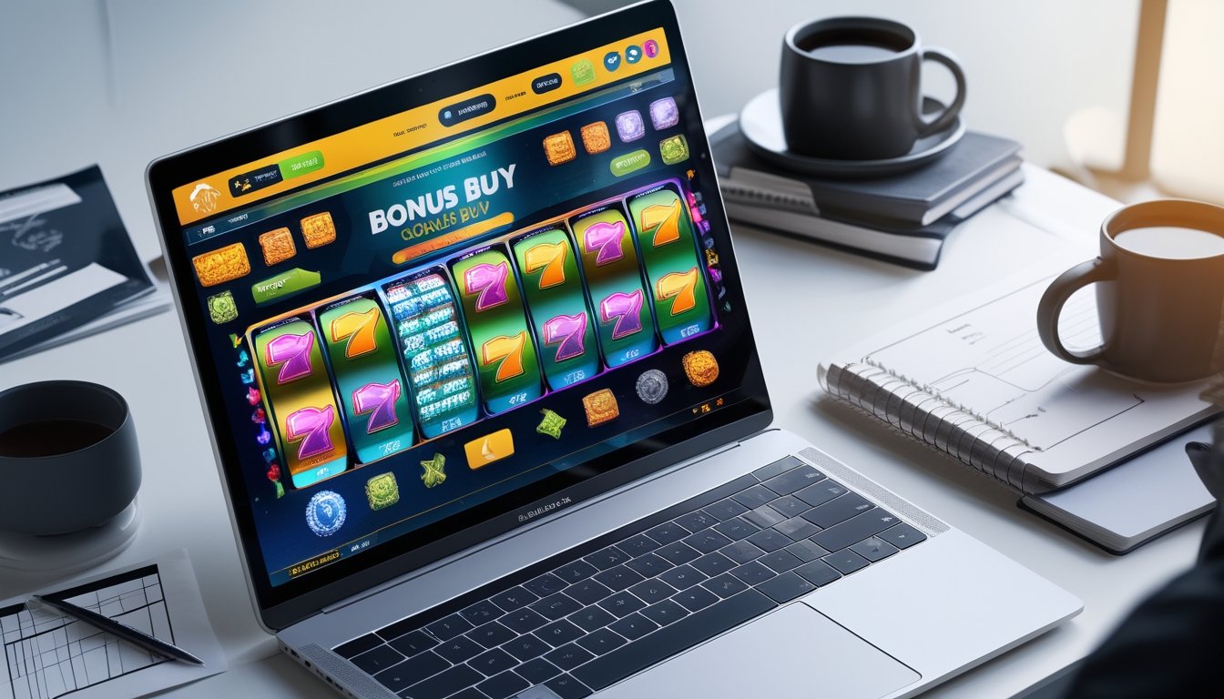 Sebuah meja dengan komputer menampilkan permainan slot online dengan simbol bonus, dikelilingi catatan dan alat tulis, menggambarkan strategi memilih game slot bonus buy.