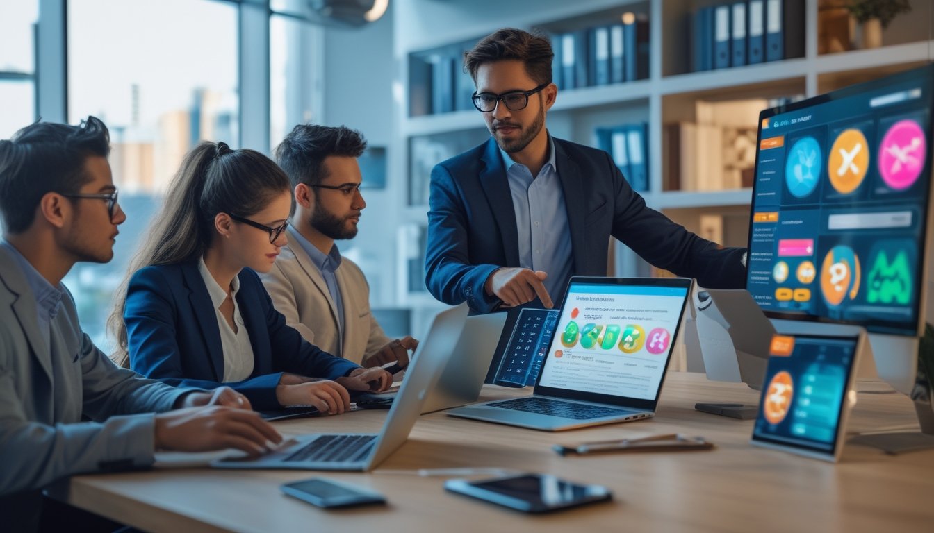 Sekelompok profesional muda sedang menganalisis data keuangan dan risiko di kantor modern dengan laptop dan grafik di layar.