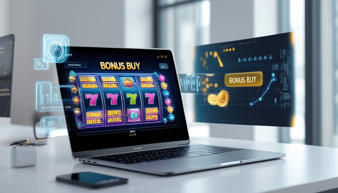 Seorang pemain menggunakan komputer dengan tampilan permainan slot online yang menampilkan fitur bonus buy, dengan grafik warna-warni dan elemen analisis di sekitar layar.