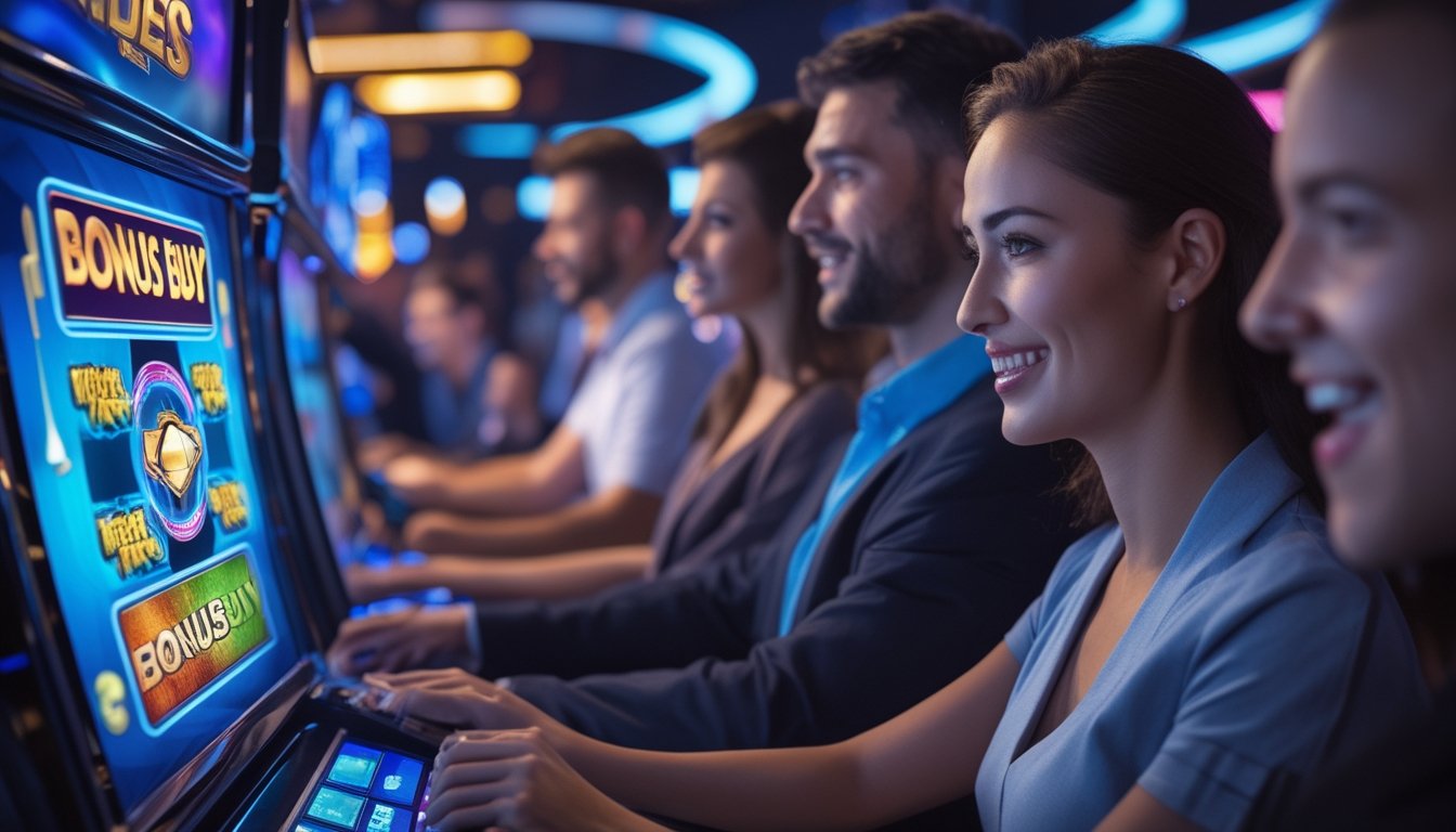 Orang-orang sedang bermain mesin slot di kasino modern dengan fokus pada layar mesin yang menampilkan fitur bonus buy yang menarik.