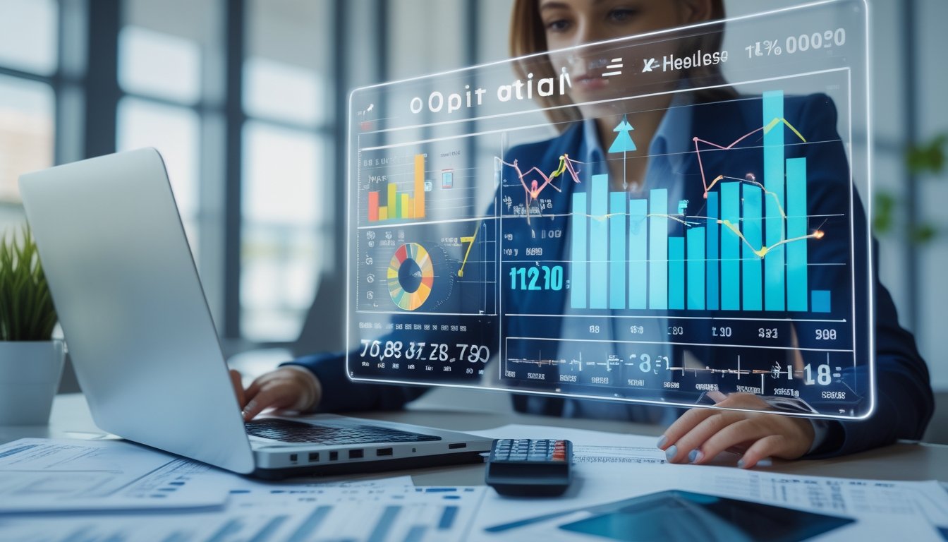 Seorang wanita bisnis sedang menganalisis data keuangan di layar digital transparan dengan grafik dan angka, di sebuah meja kerja dengan laptop dan kalkulator.