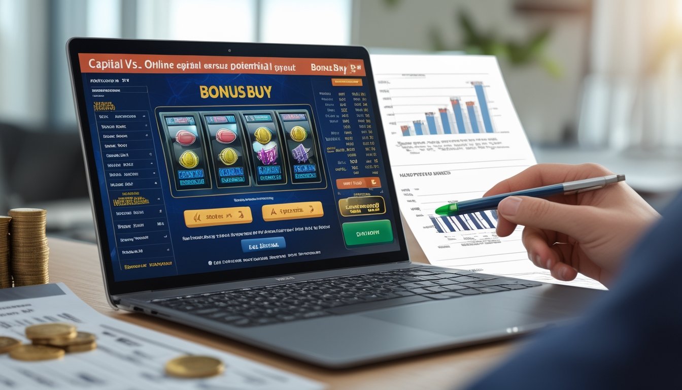 Meja kerja dengan laptop menampilkan permainan slot online, dokumen keuangan, kalkulator, dan tangan seseorang menunjuk grafik untuk menghitung modal dan potensi bayaran.