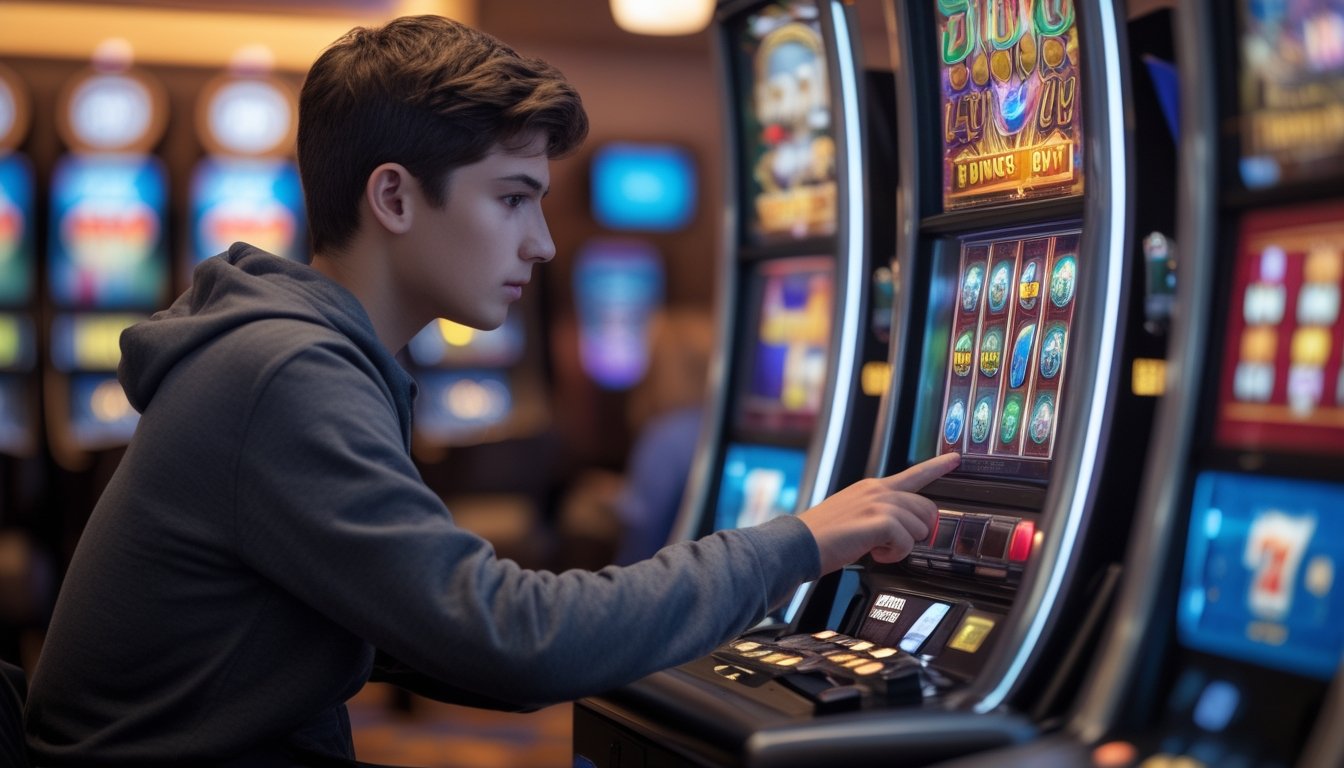 Seorang pemain pemula sedang menggunakan mesin slot modern dengan fitur Bonus Buy di kasino.