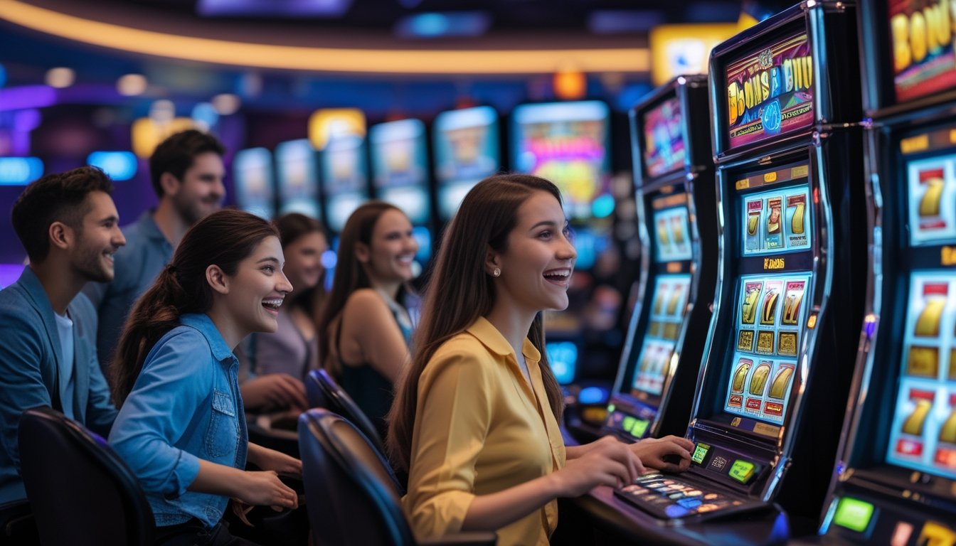 Beberapa orang pemula bermain mesin slot di kasino dengan ekspresi antusias dan fokus pada layar mesin slot.