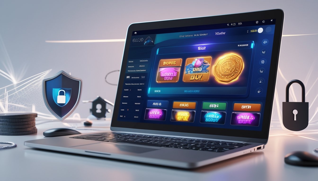Seorang pengguna sedang melihat permainan slot online di layar komputer dengan ikon keamanan dan sertifikat kepercayaan di sekitar perangkat.