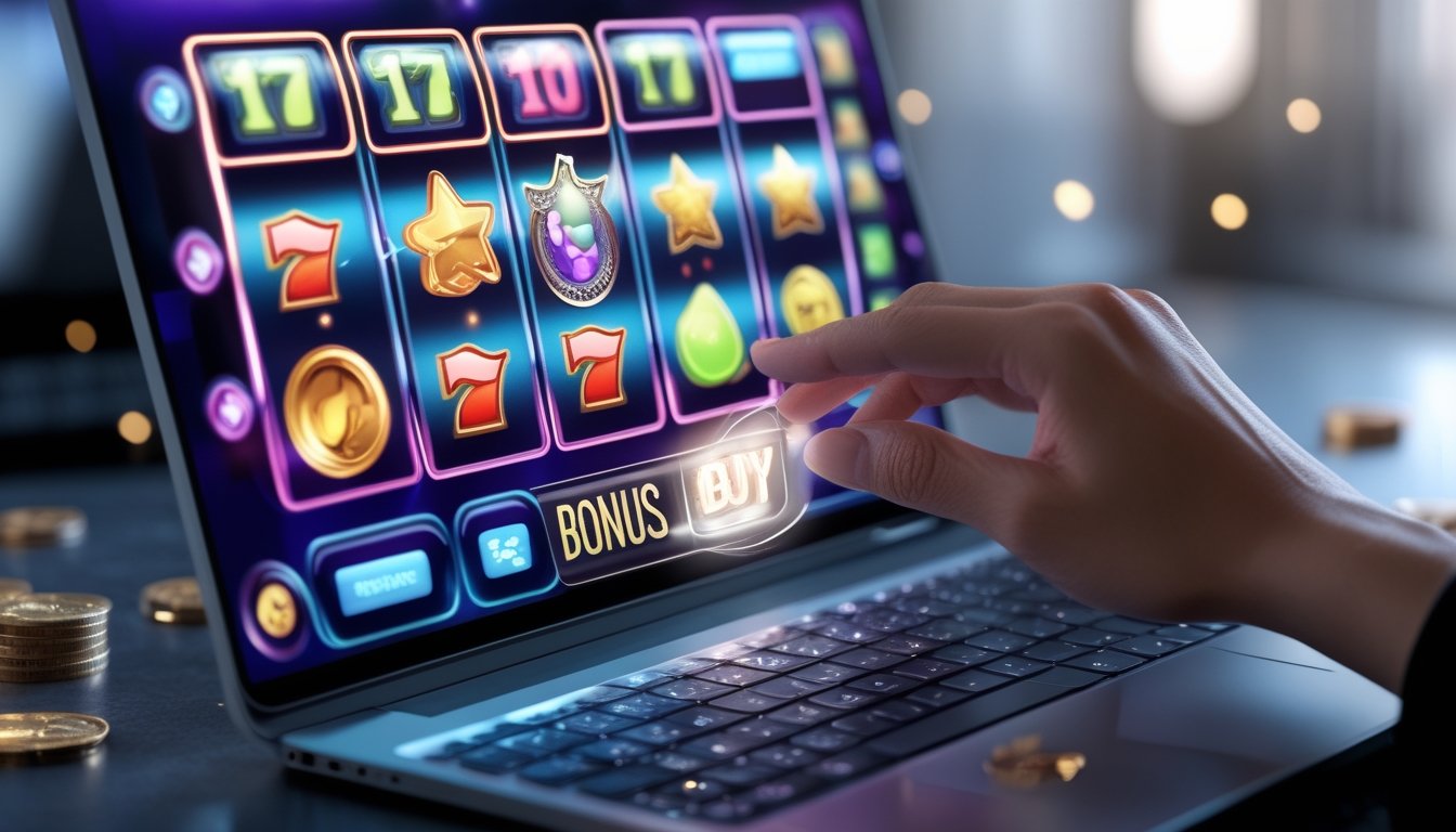 Seseorang menggunakan perangkat digital dengan layar mesin slot yang menampilkan simbol scatter dan tombol bonus buy yang menyala.