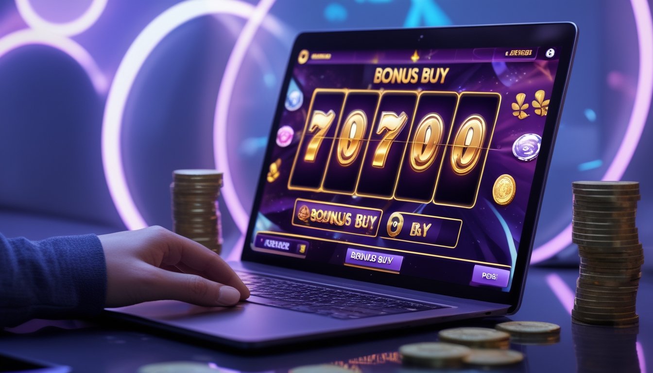 Seseorang sedang bermain game slot online di laptop dengan tampilan fitur bonus buy dan simbol scatter di layar.