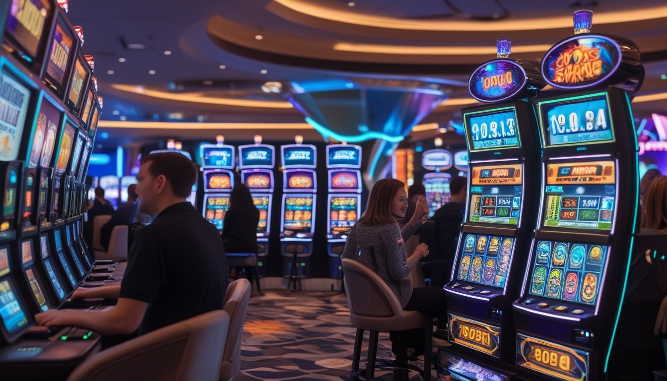 Suasana kasino modern dengan mesin slot berwarna-warni dan pemain yang terlihat antusias bermain.