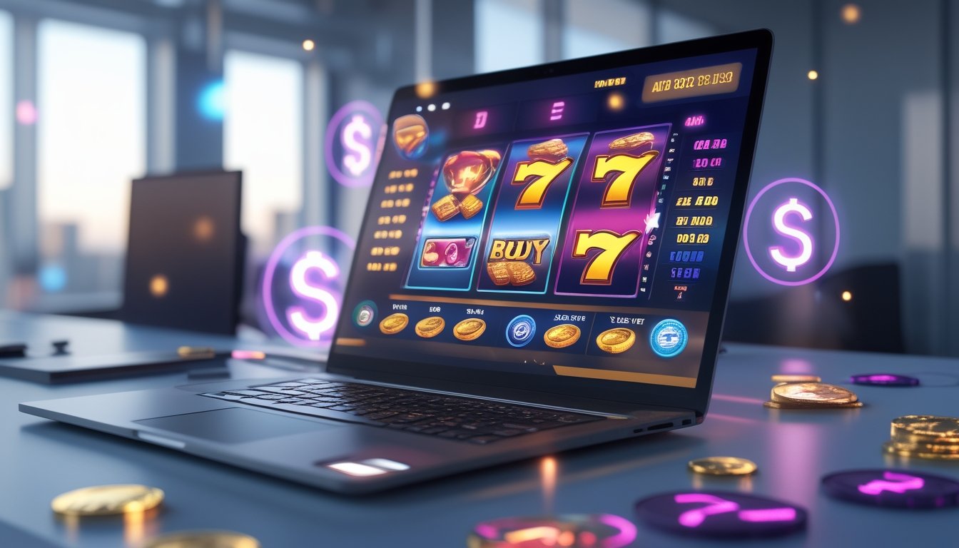 Sebuah komputer menampilkan permainan slot online dengan ikon bonus pembelian dan simbol pembayaran besar, disertai koin digital dan elemen teknologi di lingkungan modern.