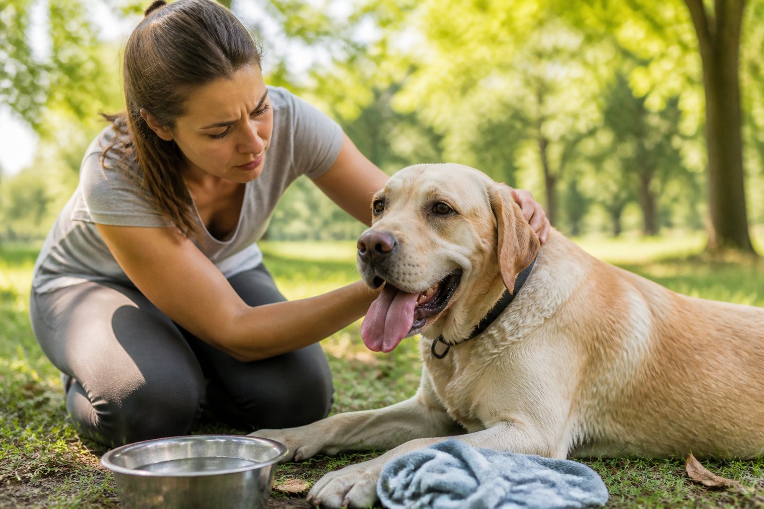Signs Of Heatstroke In Dogs Vs Normal Panting 2 A person gently holding a panting dog outdoors, showing concern for the dog's overheating.