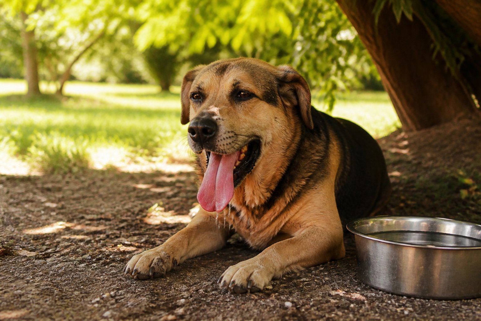 Signs Of Heatstroke In Dogs Vs Normal Panting 3 A dog panting heavily outdoors on a sunny day, showing signs of heat distress with a shaded area and water bowl nearby.