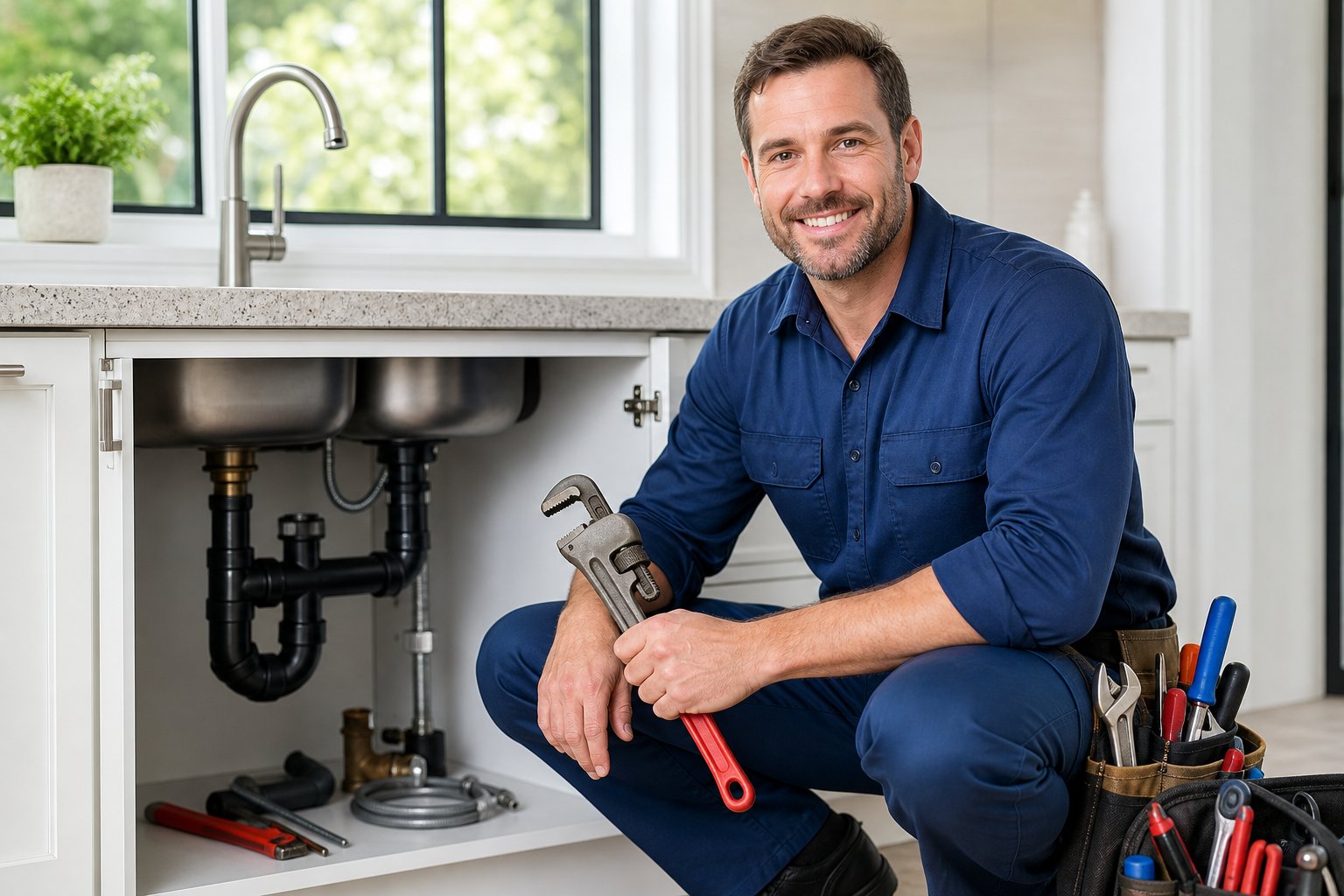 A plumber in a blue uniform holding a wrench stands next to a kitchen sink in a bright, modern kitchen.