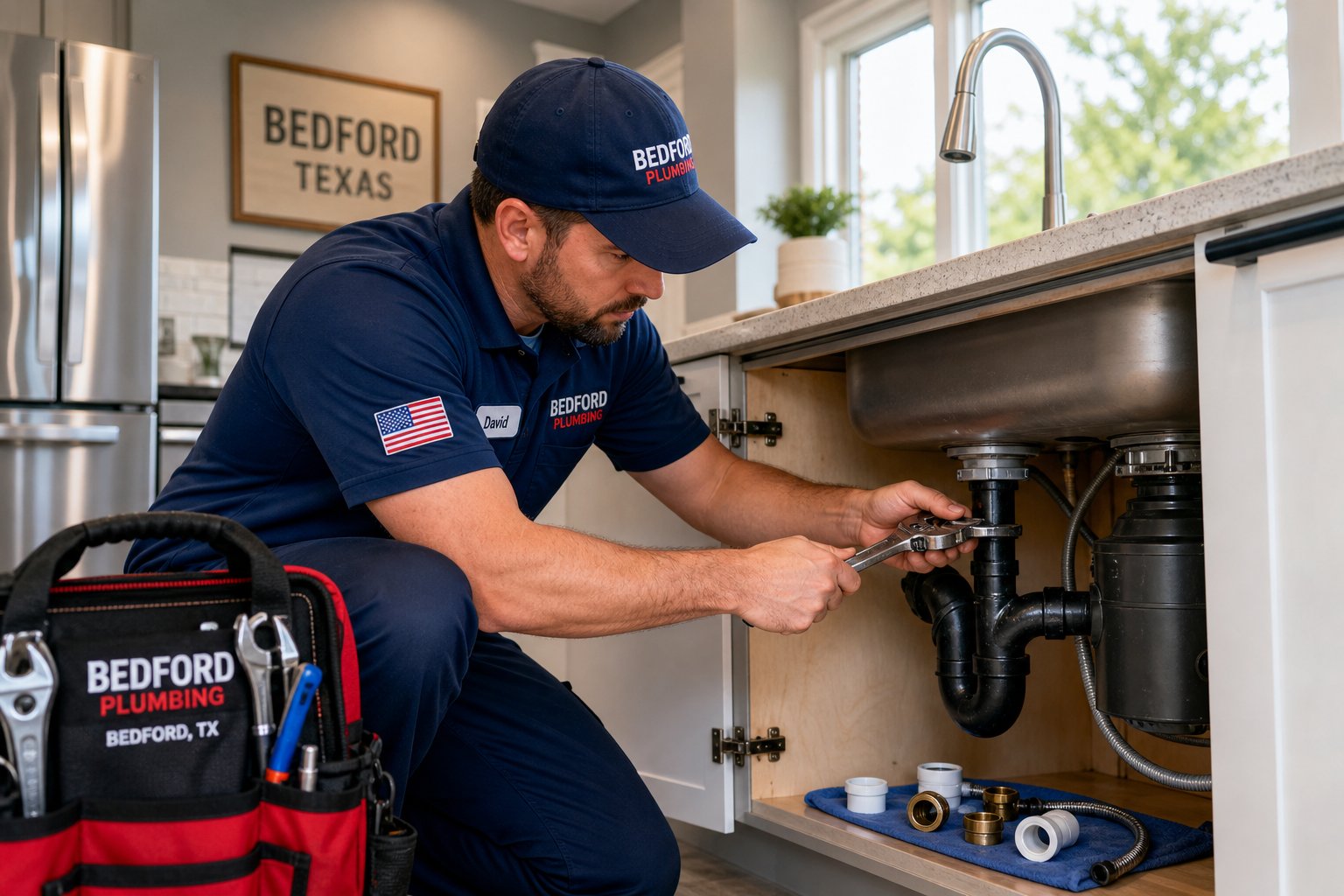 A plumber fixing pipes under a kitchen sink in a modern home.
