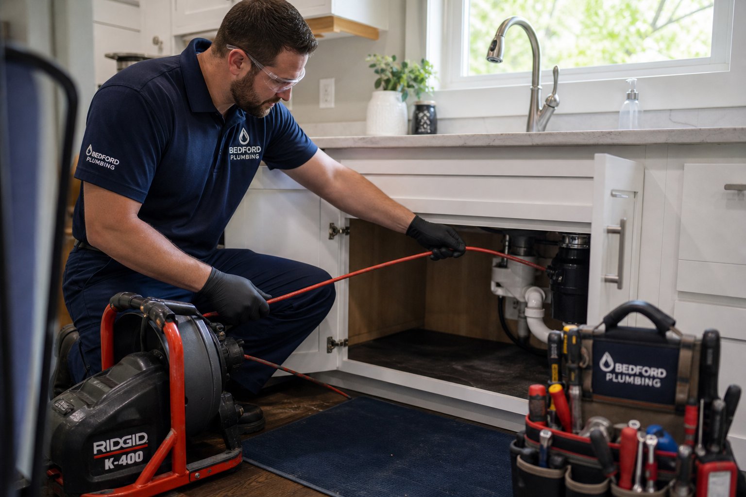 A plumber cleaning a kitchen drain using professional equipment in a bright residential kitchen.