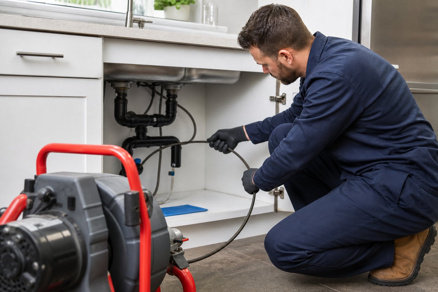 A plumber cleaning a drain under a kitchen sink using specialized equipment.