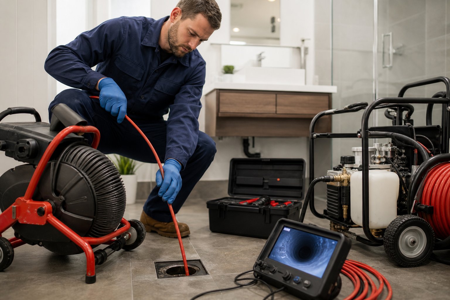 A technician using advanced equipment to clean a drain in a residential or commercial plumbing setting.