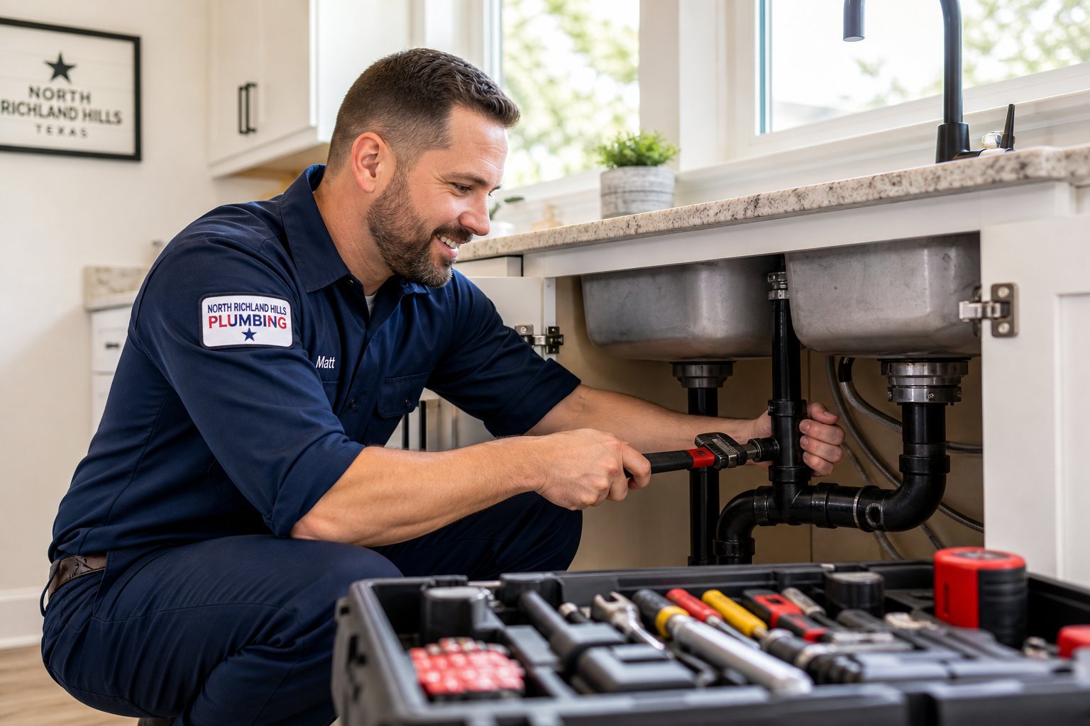 A plumber working under a kitchen sink tightening pipes in a residential home.