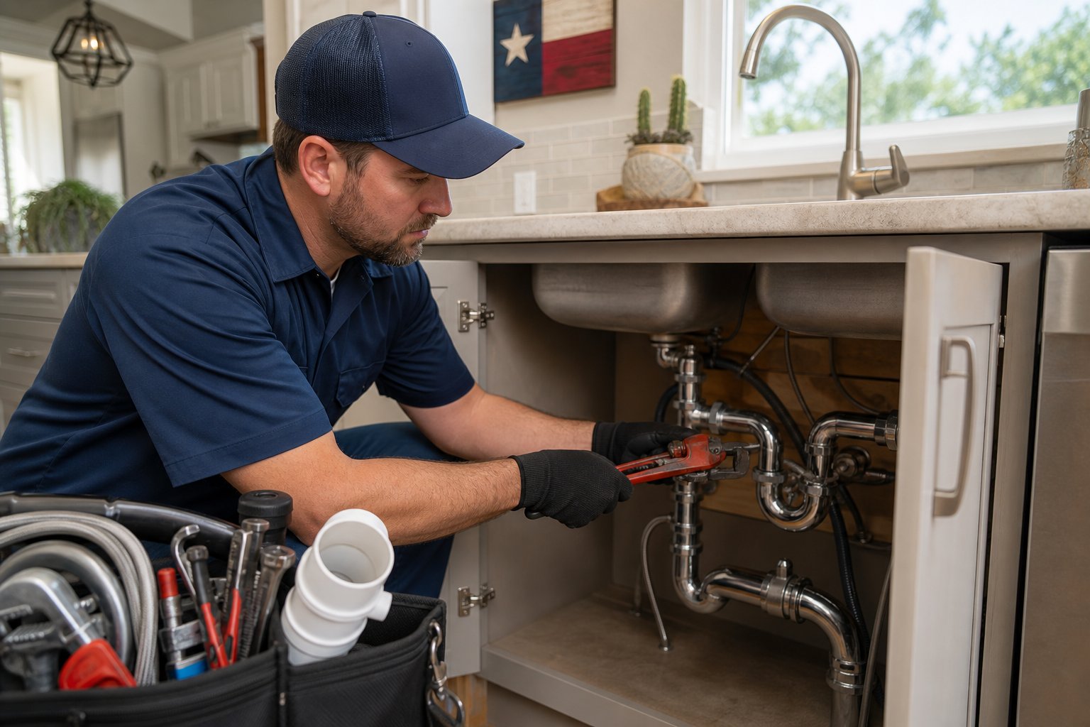A plumber repairing pipes under a kitchen sink in a bright residential kitchen.